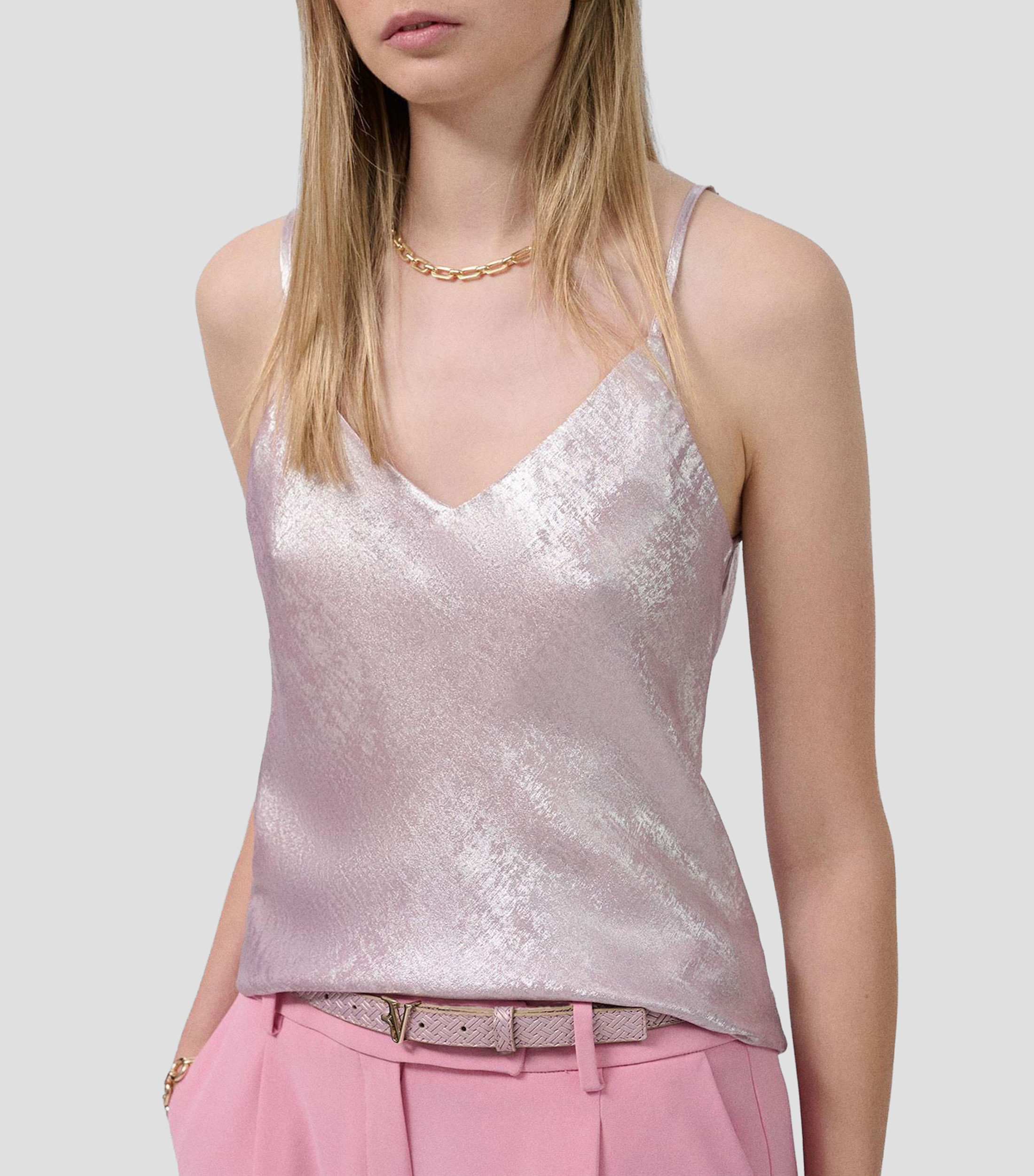 Top cuello V sin mangas metalizada Mujer